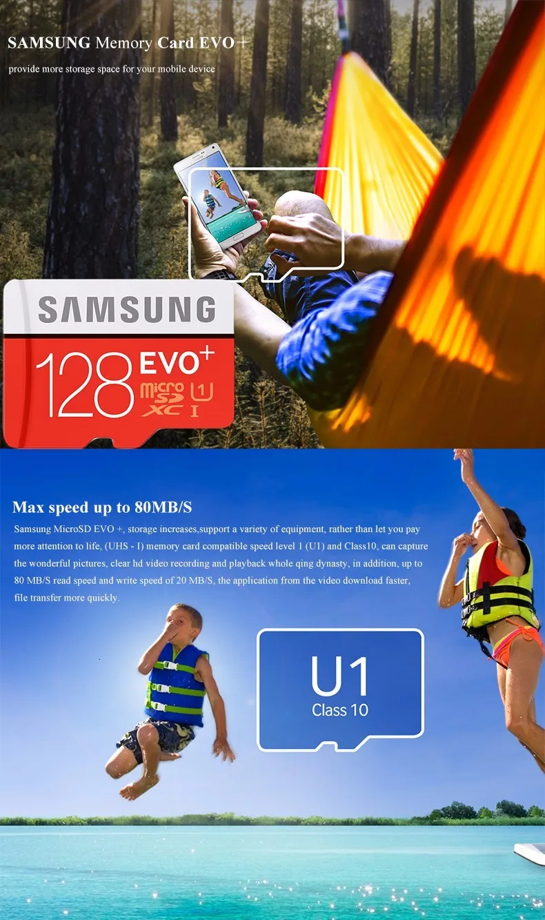 100% Original SAMSUNG Micro SD Card 128GB 100MB/s Class10 U3 U1 SDXC Grade EVO+ Micro SD Card Memory Card TF Flash Card For UAV