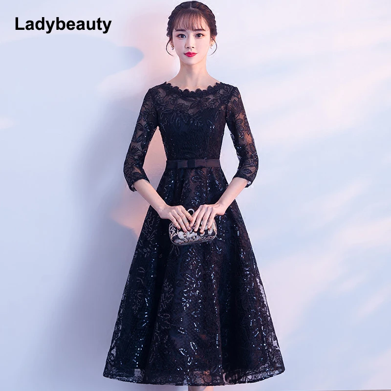 Женское вечернее платье Ladybeauty элегантное короткое черного цвета с кружевной