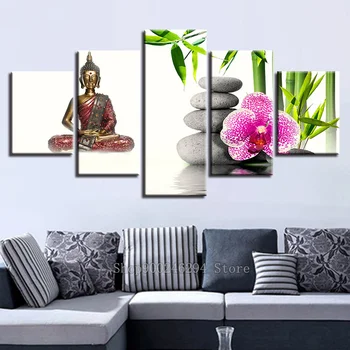 

5 Panels Full Square round 5D DIY Diamond Painting Bamboo Orchid Stone Buddha Zen Embroidery diamond Bedside Background FF393