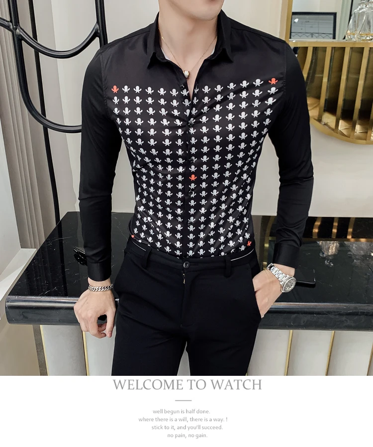 Camisa Hombre, осенняя мужская рубашка в британском стиле, мужская рубашка с длинным рукавом с индивидуальным принтом, тонкая мужская Роскошная Клубная рубашка-смокинг