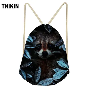 

THIKIN Kawaii Raccoon Print Drawstring Bag Fashion Shoulder Bags Cute Animal Pattern Personalized High Capacity Custom Bags