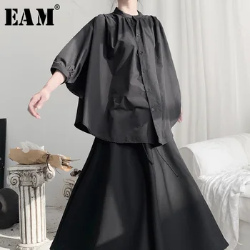 

[EAM] Women Black Pleated Big Size Blouse New Stand Collar Batwing Sleeve Loose Fit Shirt Fashion Spring Autumn 2020 19A-a696