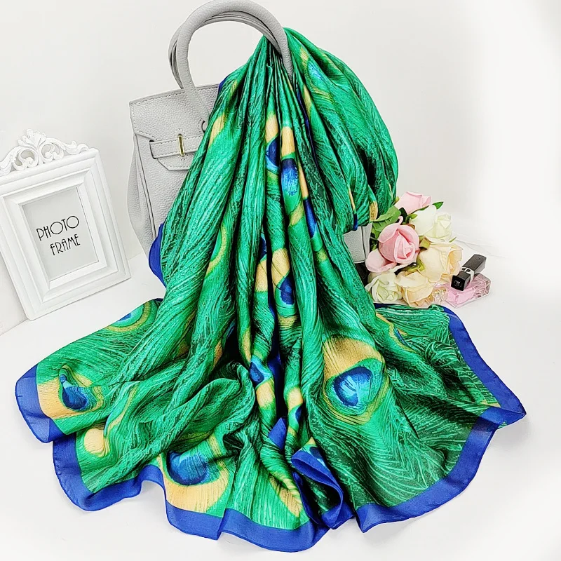 

2021 Summer 180X90CM Handkerchief Female Dustproof Beach Towel Popular Green Print Silk Scarves Fashion Peacock Sunscreen Shawls