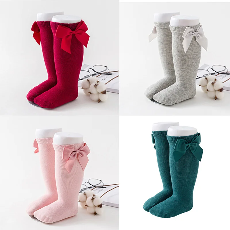 Носки для маленьких девочек большой бант зимний подарок для новорожденного, для младенца длинные гольфы детские теплые мягкие хлопковые высокие носки для детей