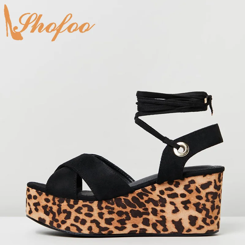 

Shofoo Black Leopard Sandals Lace Up Cross Tied Platform Super High Wedges Heels Large Size 12 15 Ladies Summer Fashion Shoes