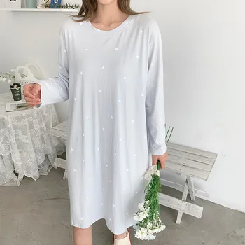 

night dress women Autumn women loose soft modal cotton love printing round neck long sleeve home mid dress