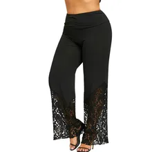 Mallas largas de pierna ancha para mujer, pantalones informales de talla grande 5XL, con costura de encaje, color negro