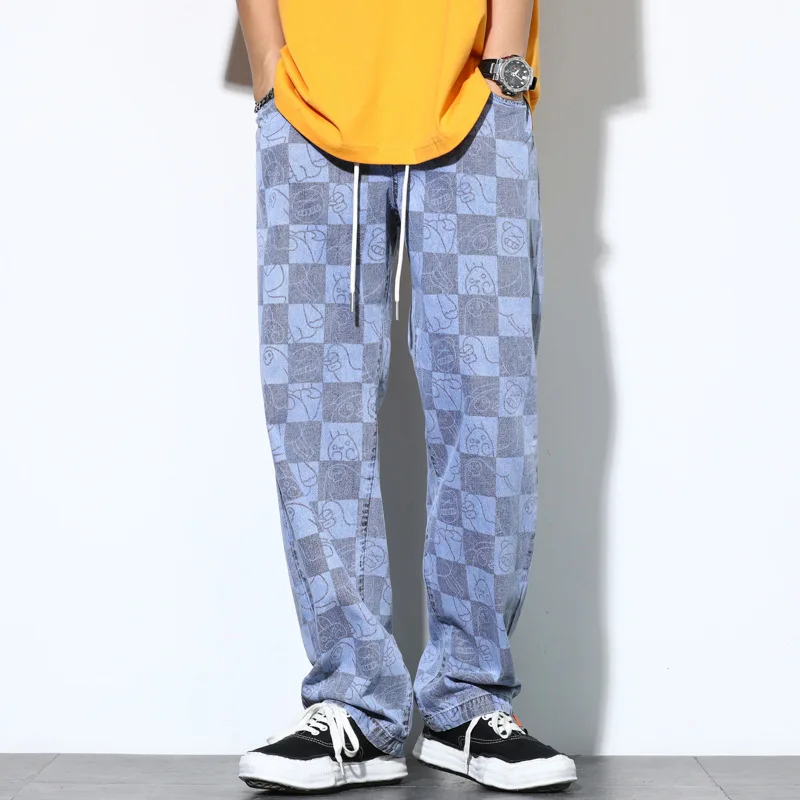 Retro Plaid  Men's Jeans New Summer Wide Leg Pants Japanese Streetwear Cartoon Print Fashion Harajuku Trousers Men Baggy Jeans 1