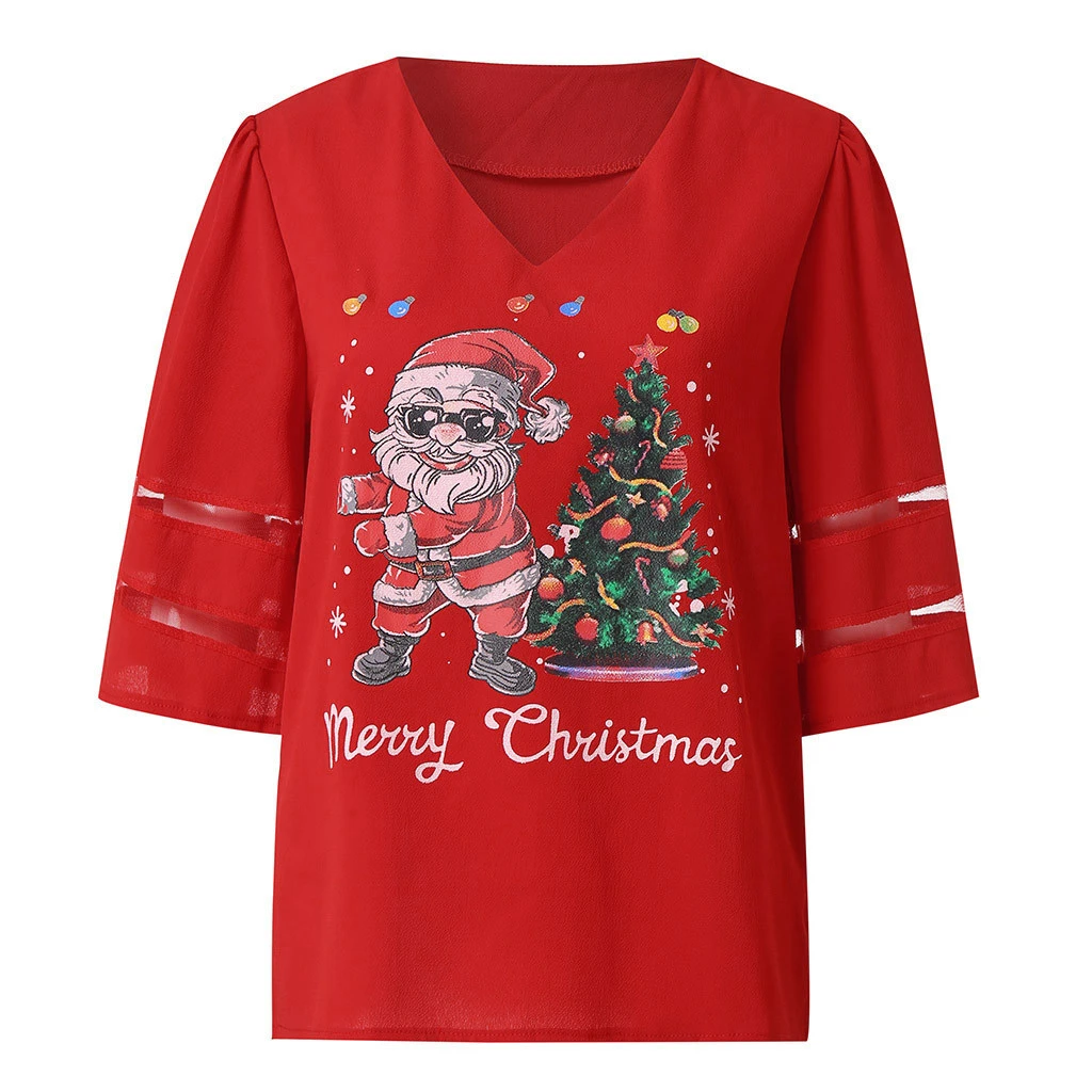 CHAMSGEND Womens Blouses Vintage Loose Christmas Long Sleeve Trumpet Blouse Ladies V-Neck Mesh Top Fashion Clothing 1023