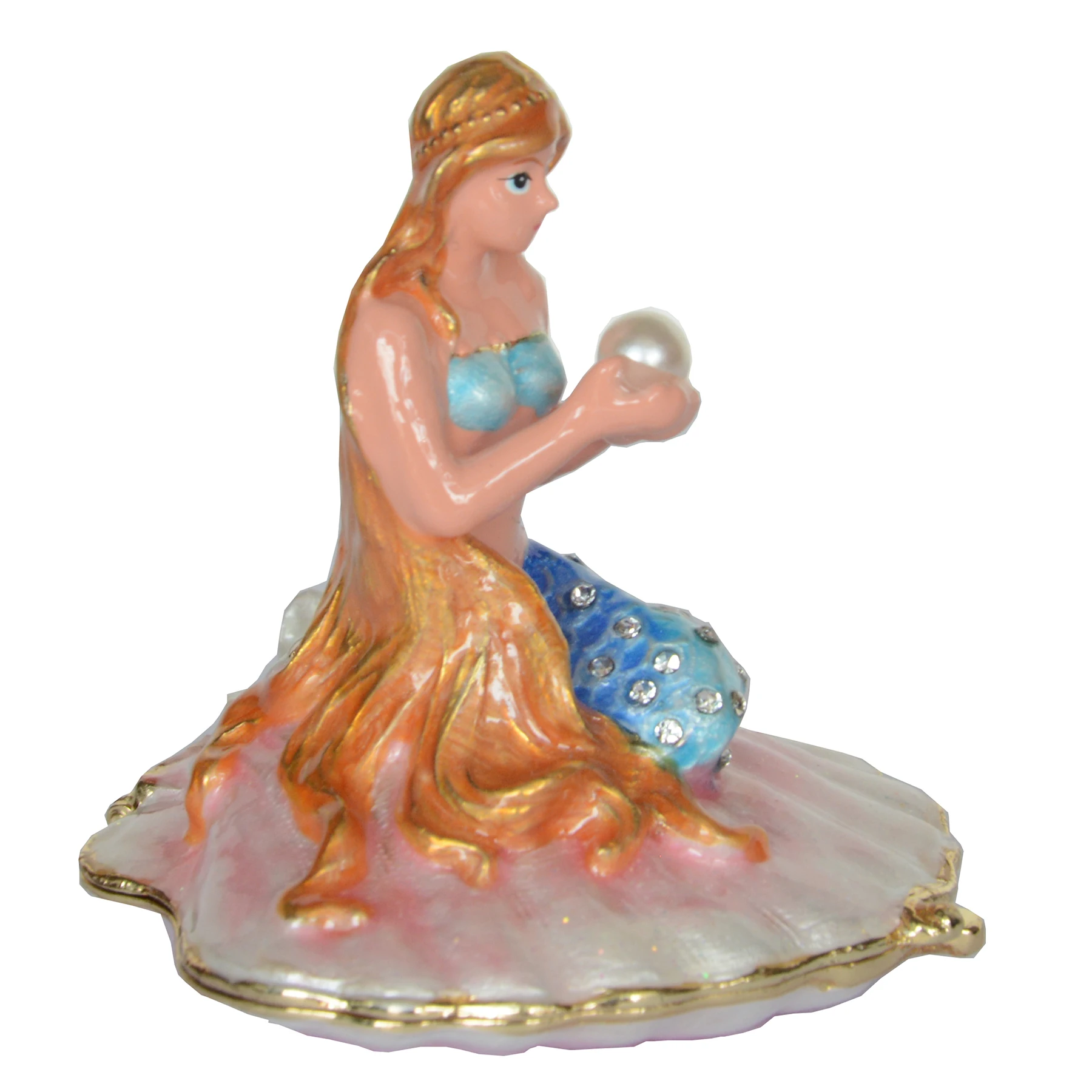 Bejeweled Mermaid on Scallop Shell Trinket Box, Metal Jewelry Box, Ring Holder Figurine, Collectible Gifts