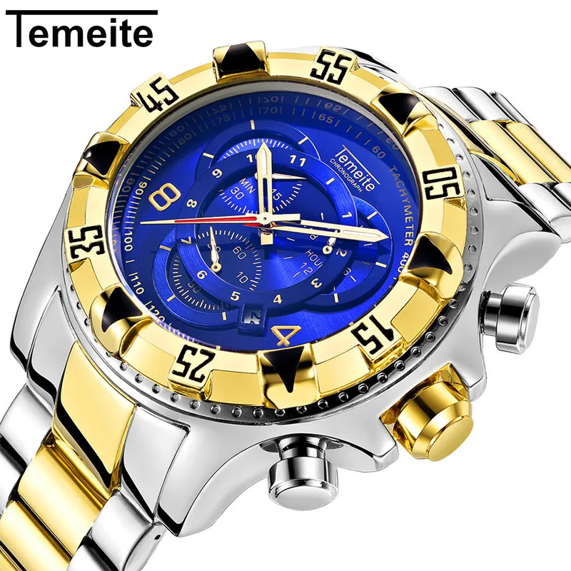 

Temeite Big Dial Watch Men Stainless Steel Gold Watches Male Waterproof 6 Pointer Multi-function Chronograph Wristwatch Male