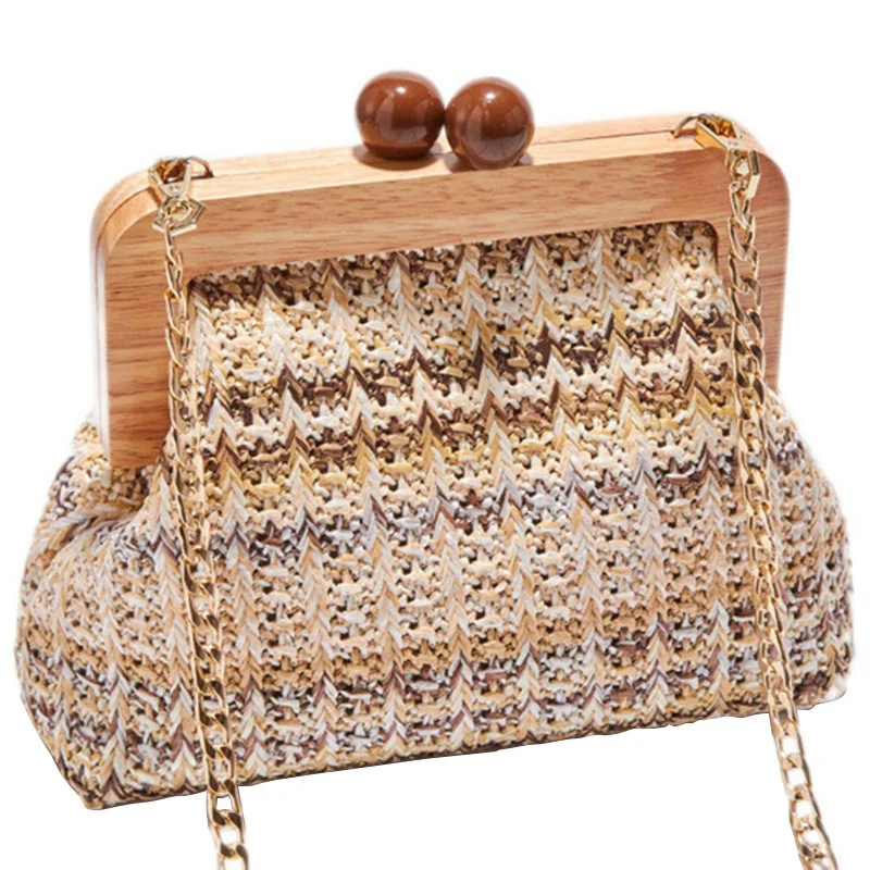

Summer Retro Woven Straw Bags Wooden Top Handle Clip Bag Buckle Women Shoulder Messenger Bags Lady Handbag Beach Crossbody Bag B