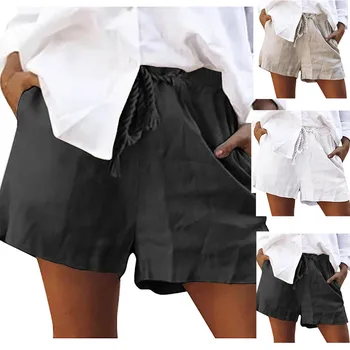 

Women Linen Shorts Women's Casual Solid Shorts Lace Up Elastic Short Casual Summer short