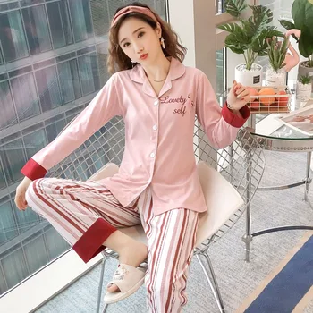 

100% Cotton Pajama Sets for Women 2020 Autumn Long Sleeve Sleepwear Striped Pant Pyjama Loungewear Homewear Pijama Mujer Clothes