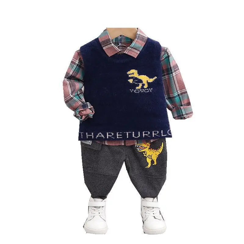 Spring Autumn Clothes Baby Boy Cotton Children Lattice Shirts Vest Pants 3Pcs/sets Infant Outfit Kids Fashion Toddler Tracksuits | Детская