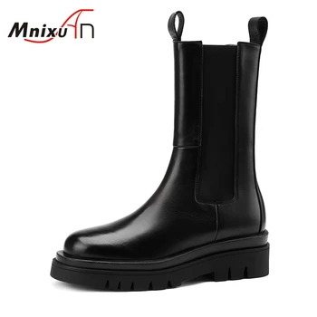 

Classics platform motorcycle boots women shoes mid-calf boots 2020 genuine leather round toe slip on Chelsea boots plus size 42