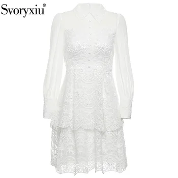 

Svoryxiu Fashion Designer Summer Party Lace Embroidery White Dresses Women's Transparent Lantern Sleeve Tiered Cake Dress