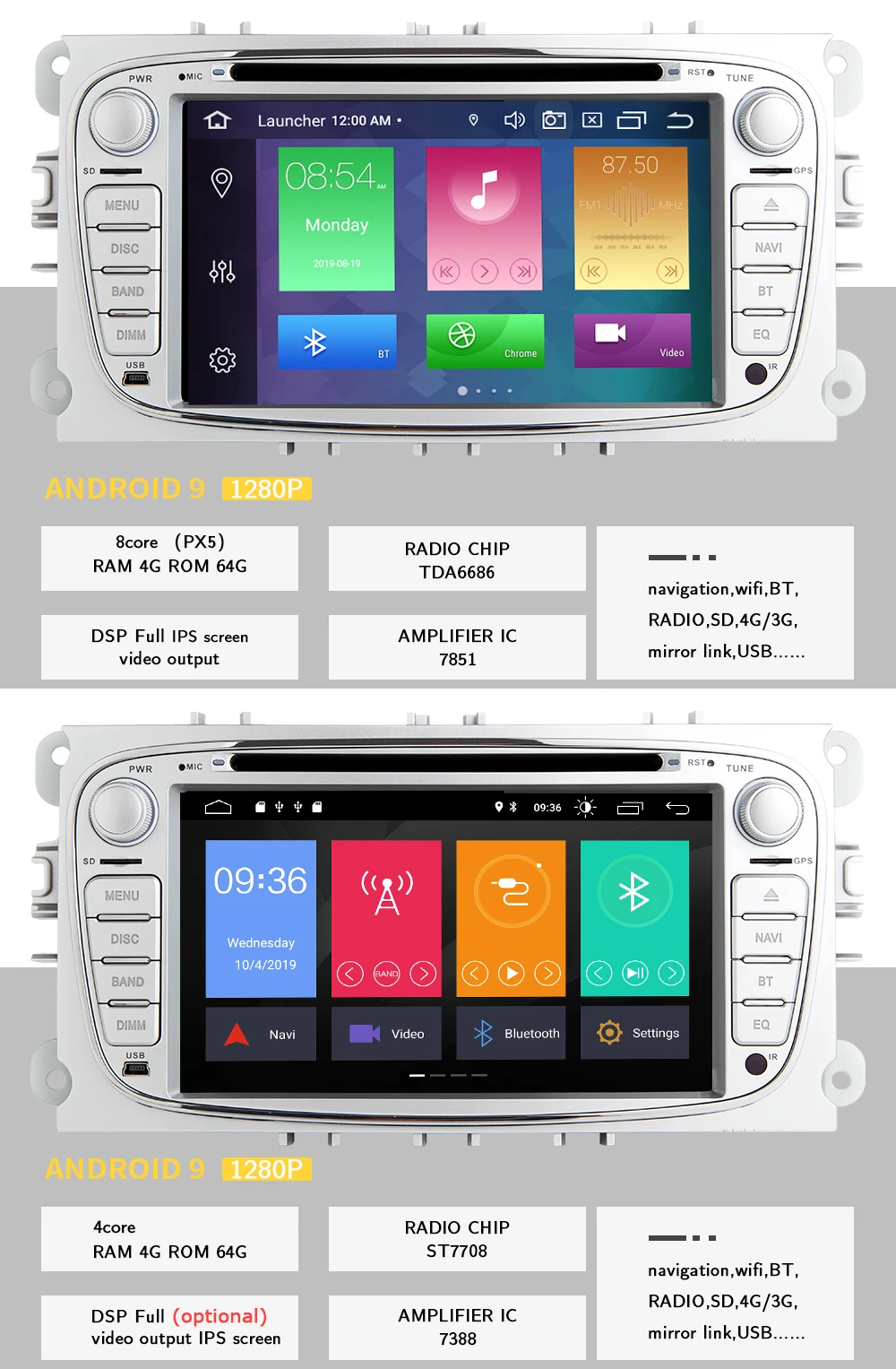 Perfect IPS DSP 8 Core 4G 64G 2 din Android 9 Car Radio For Ford Focus 2 3 mk2 Mondeo 4 Kuga Fiesta Transit Connect S-MAXC-MAX Multimedia GPS Navigation head unit Stereo Audio 3