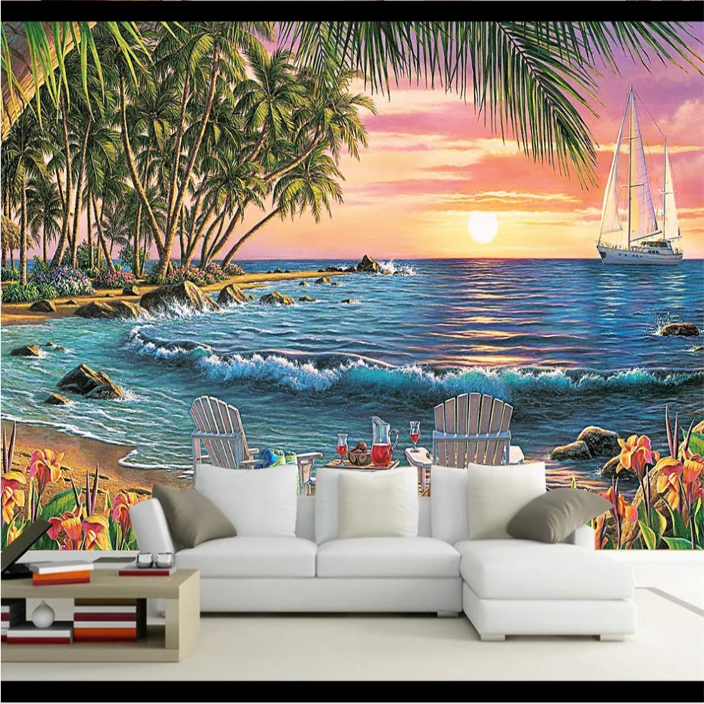 XUE SU Customized large mural wallpaper living room home decoration background wall coconut tree big sea beautiful landscape