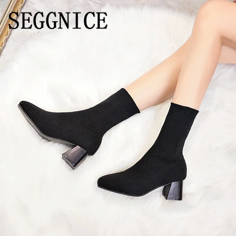 

Women Boots Sock Knitting Winter 2019 Fashion High Heel Shoes Ladies Sock Boots Square Heels Stretch Fabric Woman Ankle Booties