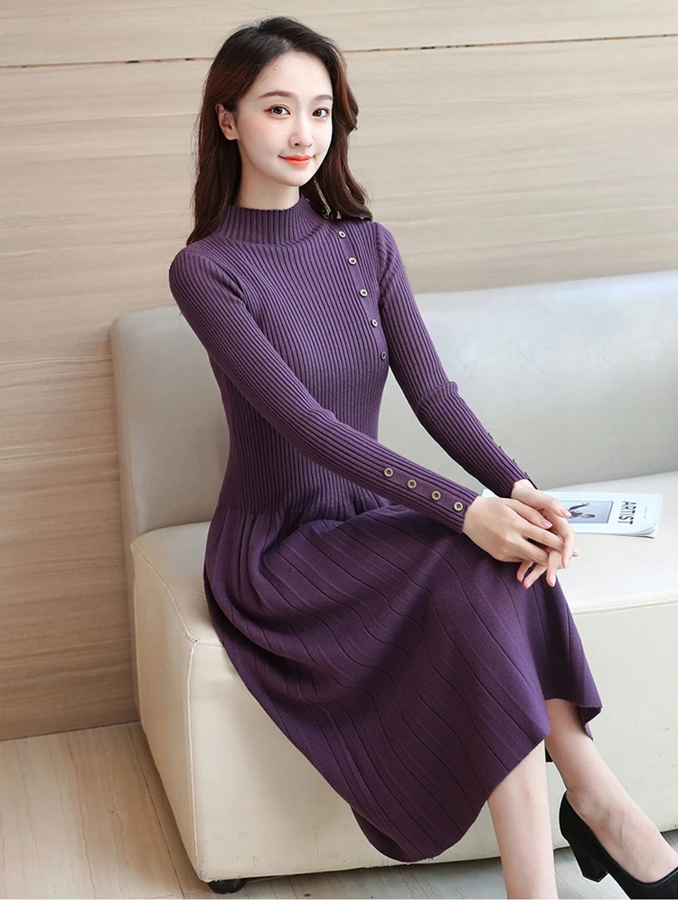 

Women Autumn Winter Long Sweater Dress 2020 Elegant Fashion Mid Calf Dresses Woman Multi Color Plus Size A Line Vestido Casual