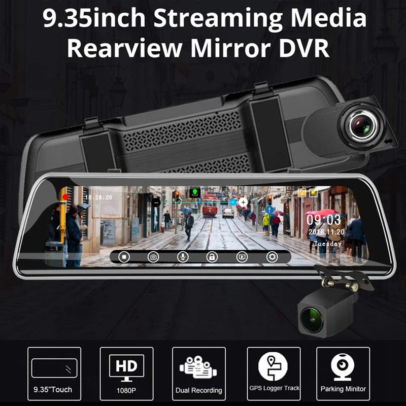 Потоковая 9,35 Дюймов Ips пресскар зеркальная видеокамера Gps трек Wdr Fhd 1080P тире камера с 720P задняя камера рекордер Dvr