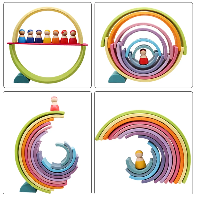 Children DIY Rainbow Wooden Blocks Colorful Large Wood Stack Bricks Rainbow Building Blocks Educational Wooden Toys 4