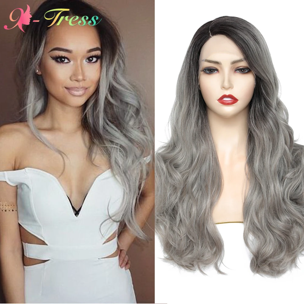 X-tress Synthetic Lace Front Wigs Ombre Grey Wig With Dark Roots 22 Inch L  Part Long Wave Lace Wig For Women Heat Resistant - Synthetic Lace Wigs(for  White) - AliExpress