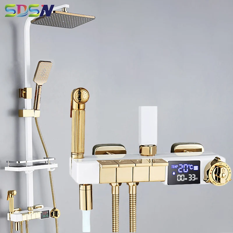 

Newly Piano Bathroom Shower Set Quality Brass Thermostatic Bathroom Mixer Faucets Rainfall Shower Head Digital Bath Shower Sets