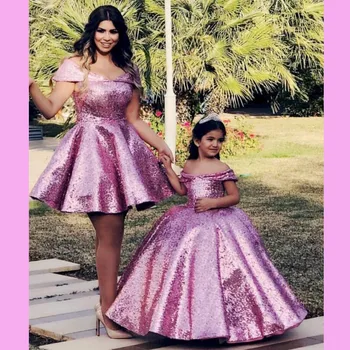 

Rose Pink Sequined Flower Girl Dresses Off The Shoulder Long Girls Pageant Dress Custom Made Kids Birthday Wear