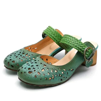 

Tayunxing handmade shoes Genuine leather Women slippers knitting high heel summer hollow comfort pointed closed toe Y1332-10