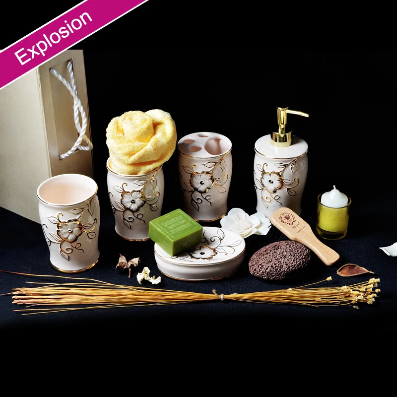 5Pcs Direct European style elegant flower bathroom set ceramic toiletries wash set combination bathroom shelf creative wash cup