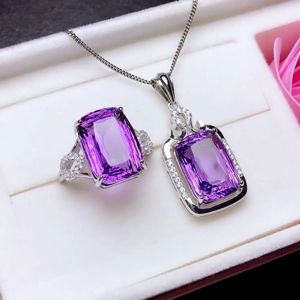 

newexquisite purple Amethyst ring and necklace jewelry set 925 sterling silver jewelry natural big size gem Valentine gift