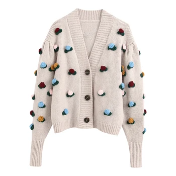 

Women Loose V neck Crochet Sweater Loose One Single Breasted Open Stitch Coat Knitwear Spring Autumn Flowers Outwear WB2073