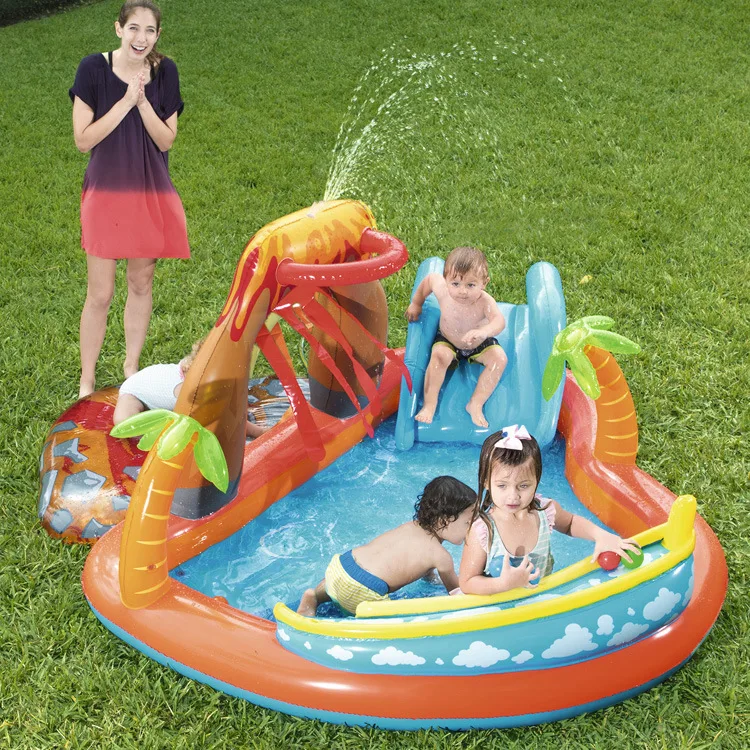 Inflatable Play Center Pool Seaside Water Play Center with Water Slide Coconut Palm Sprinkler Ball Toss Game Ring Toss Game