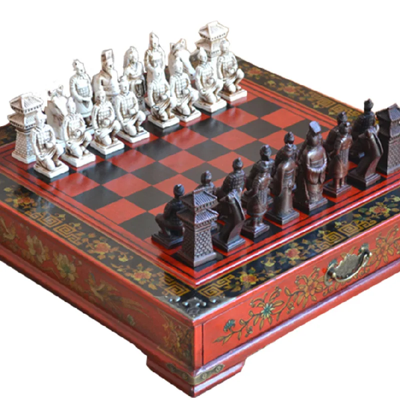

Wood Chess Chinese Retro Terracotta Warriors Chess Wood Do Old Carving Resin Chessman Christmas Birthday Premium Gift