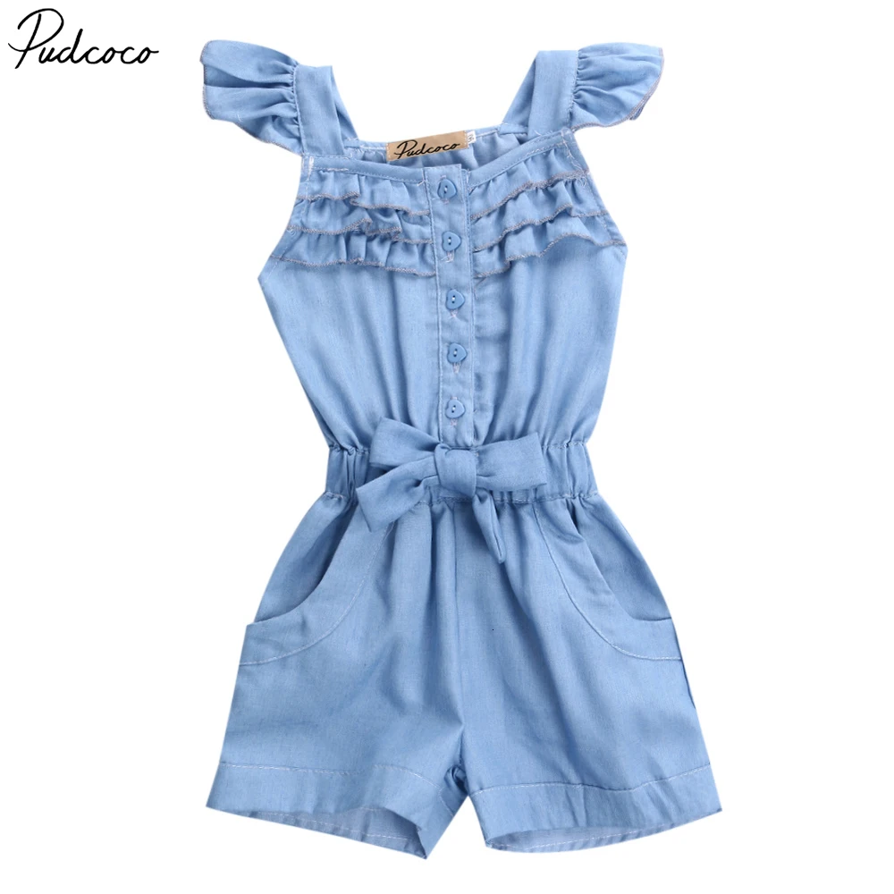  Pudcoco Lovely Kid Baby Girls Casual Cotton Washed Jeans Denim Bow Sleeveless Bodysuit 0-5years