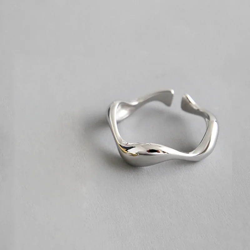Silver Creative Handmade Rings Irregular Wave Smooth Engagement Jewelry for Women Size 16.5mm Adjustable
