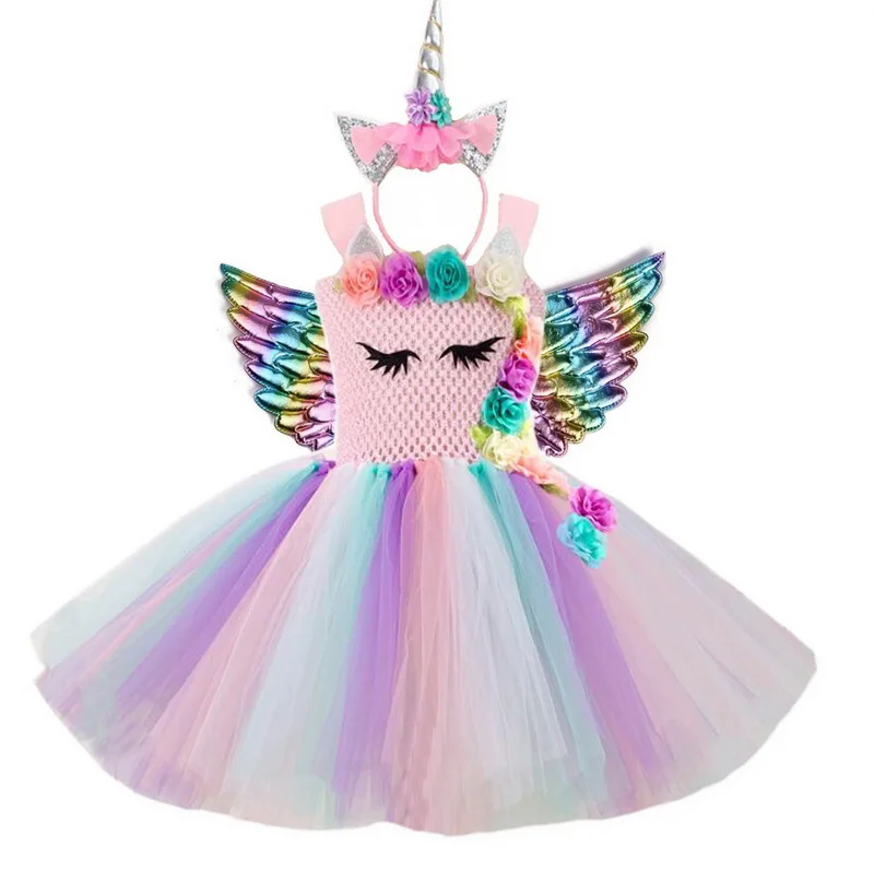 Halloween Flowers Unicorn Costume Pony Unicorn Tutu Fancy Dress up Headband Wings for girls Flower Pageant