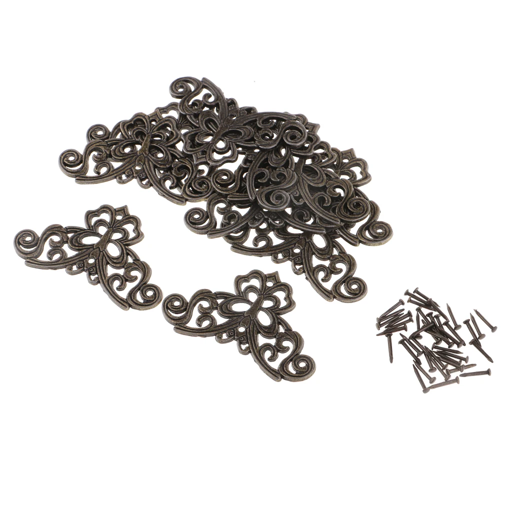 10 Pieces Decorative Jewelry Chest Wine Gift Box Wooden Case Corner Protector Bronze Tone Filigree Triangle Wraps Connectors