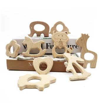 

10pc Wooden Animal Teether Elephant Rabbit Giraffe Shape Natural Beech Toys Baby Teething Ring For Newborn Gifts Accessories