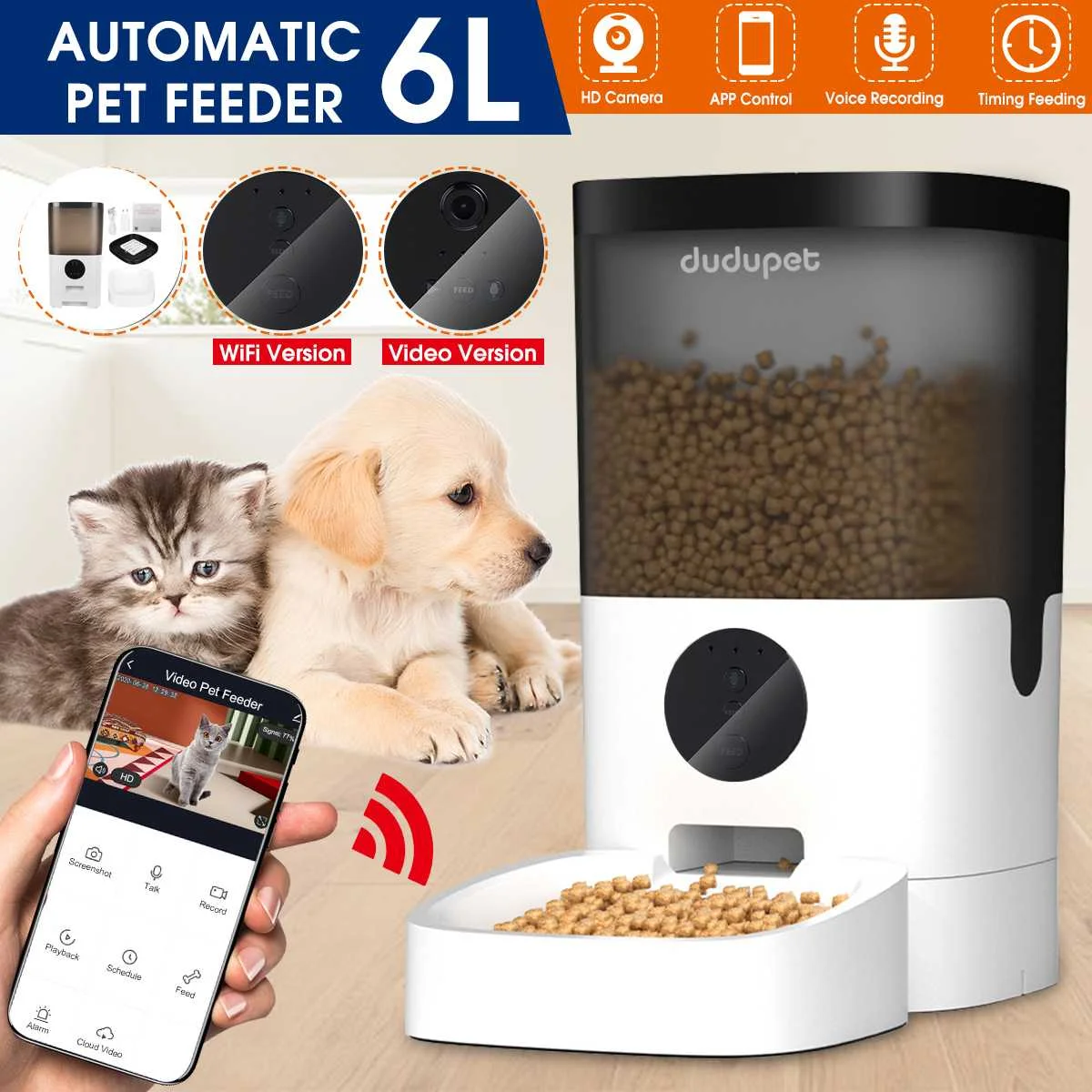 Pet Automatic Feeder 6L Large Capacity Smart Voice Recorder APP Control Timer Feeding Cat Dog Food Dispenser Video/WiFi Version | Дом и сад