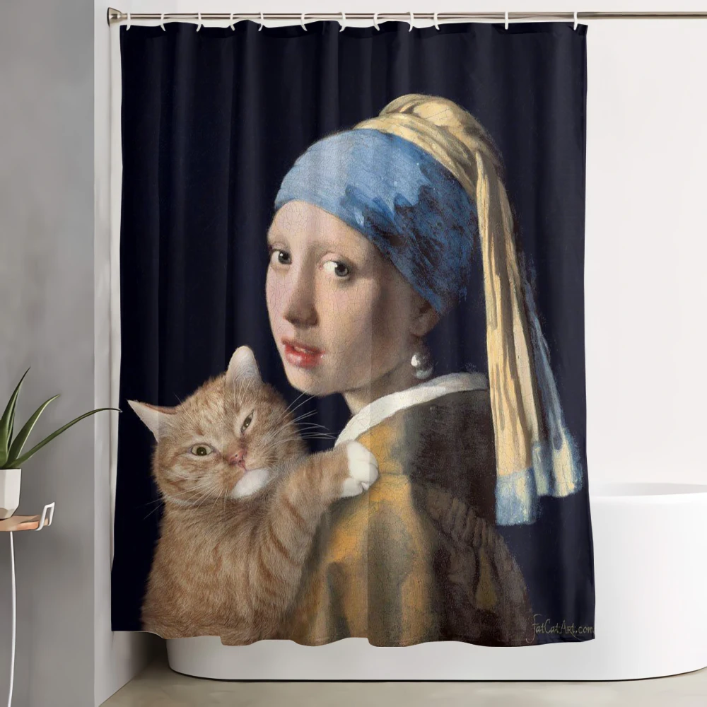

The cat broke into the famous painting shower curtain antique design paper flower shower curtain with hook bathroom essential