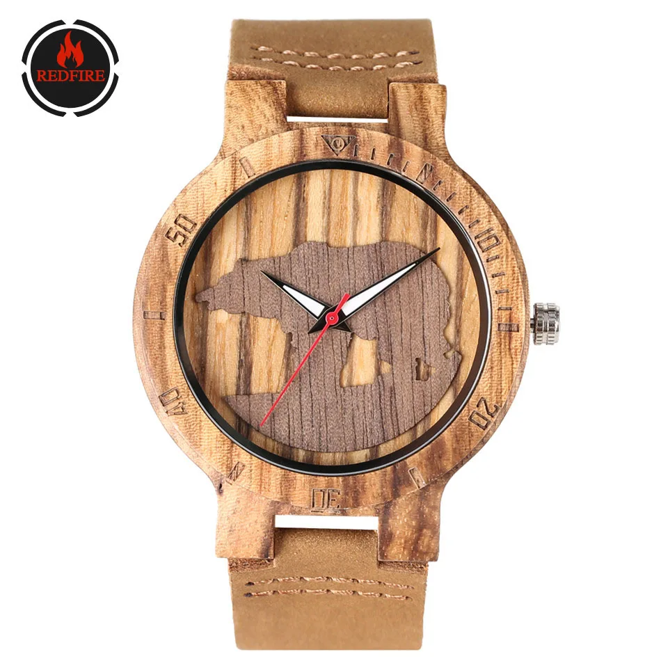 

REDFIRE Carving Polar Bear/Eagle/Horse Design Creative Wood Animal Shape Wooden Dial Genuine Leather Quartz Men Watch Wood Clock