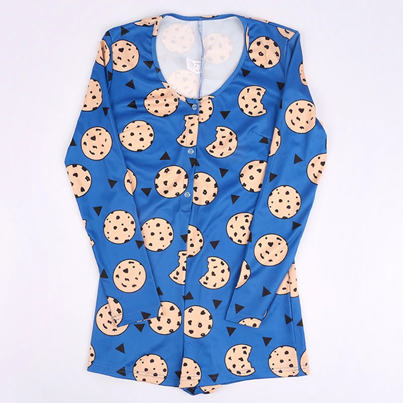 Cartoon Cookies Printed Women Sexy Oneies Bodycon Jumpsuit Romper Long Sleeve HomeWear Tracksuit Playsuit Pajama Onesies