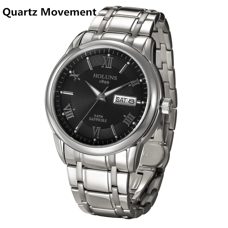HOLUNS relogio masculino полностью из нержавеющей стали Мужские автоматические часы лучший бренд класса люкс 5ATM водонепроницаемые Супер Светящиеся дропшиппинг - Цвет: Quartz Silver Black