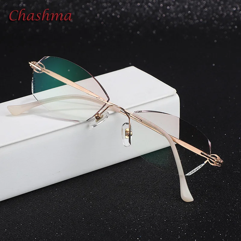 

Colored Lenses Fashion Glasses Frame Women Optical Glasses Rimless Titanium Spectacles Female Stones Eyeglasses
