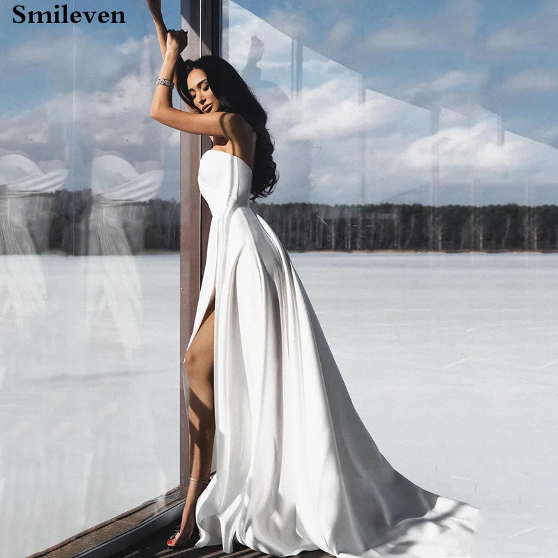 Smileven Trouwjurken Strapless Hoge Split Sweetheart Beach Bruid Jurken Sexy Satin Boho Bruidsjurken vestidos de novia Smileven Trouwjurken Strapless Hoge Split Sweetheart Beach Bruid Jurken Sexy Satin Boho Bruidsjurken vestidos de novia