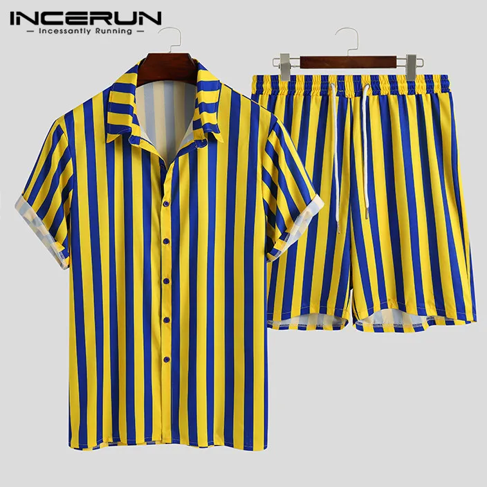 Shorts Men Suits Streetwear INCERUN Striped Casual Beach Summer 2pieces Hawaiian-Sets