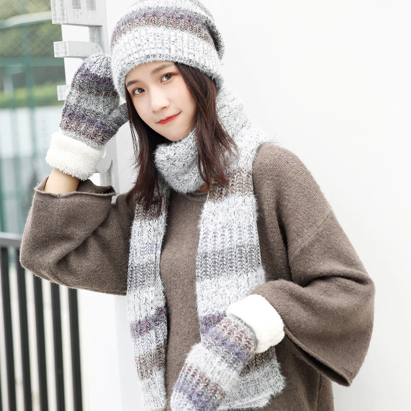 Scarf Hat And Gloves Set Three-piece Set For Women PomPon Skullies Beanies Knitting Autumn And Winter Warm Striped Cap - Color: D
